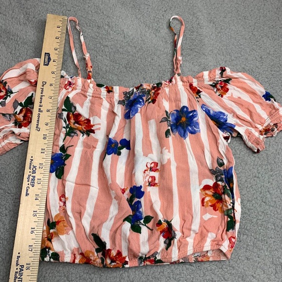 Womens Floral Boho Top Cropped Balloon Sleeve Size S Colorful Peasant Pink Rayon - Picture 3 of 8